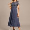 Formal & Evening | A-line Scoop Illusion Tea-Length Lace Chiffon Evening Dress With Pleated Sequins Stormy – Womens