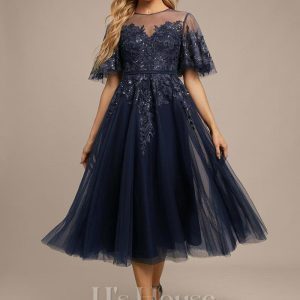 Formal & Evening | A-line Scoop Illusion Tea-Length Tulle Lace Evening Dress With Sequins As Picture – Womens