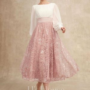 Formal & Evening | A-line Scoop Tea-Length Chiffon Lace Evening Dress With Pleated Sequins Beading Dusty Rose – Womens