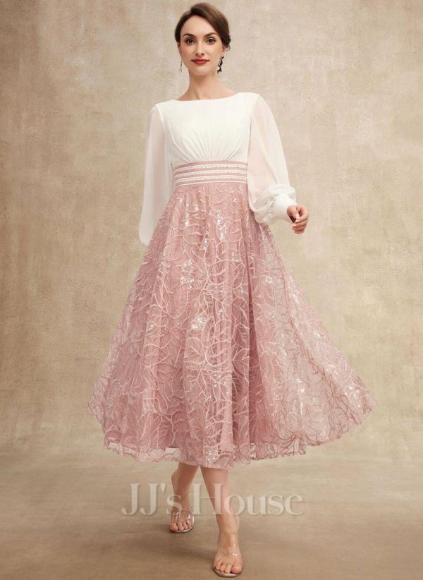 Formal & Evening | A-line Scoop Tea-Length Chiffon Lace Evening Dress With Pleated Sequins Beading Dusty Rose – Womens