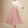 Formal & Evening | A-line Scoop Tea-Length Chiffon Lace Evening Dress With Pleated Sequins Beading Dusty Rose – Womens