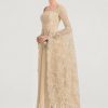 Formal & Evening | A-line Square Floor-Length Chiffon Lace Evening Dress With Beading Pleated Champagne – Womens