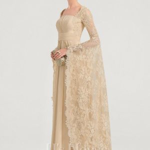 Formal & Evening | A-line Square Floor-Length Chiffon Lace Evening Dress With Beading Pleated Champagne – Womens