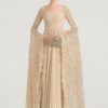 Formal & Evening | A-line Square Floor-Length Chiffon Lace Evening Dress With Beading Pleated Champagne – Womens