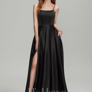 Formal & Evening | A-line Square Floor-Length Satin Evening Dress Black – Womens