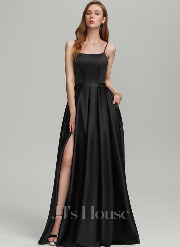 Formal & Evening | A-line Square Floor-Length Satin Evening Dress Black – Womens