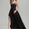 Formal & Evening | A-line Square Floor-Length Satin Evening Dress Black – Womens