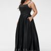 Formal & Evening | A-line Square Floor-Length Satin Evening Dress Black – Womens