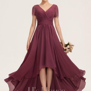 Formal & Evening | A-line V-Neck Asymmetrical Chiffon Lace Evening Dress With Pleated Mulberry – Womens