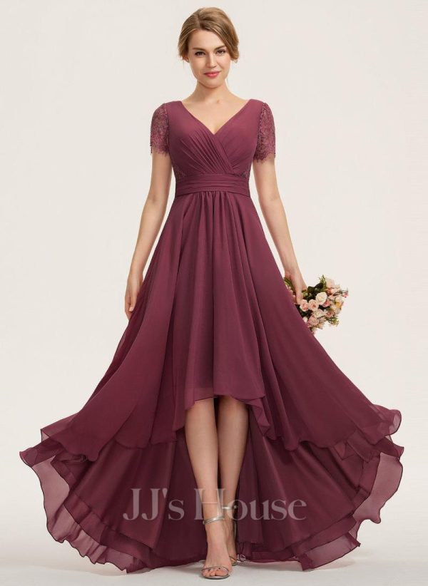 Formal & Evening | A-line V-Neck Asymmetrical Chiffon Lace Evening Dress With Pleated Mulberry – Womens