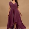 Formal & Evening | A-line V-Neck Asymmetrical Chiffon Lace Evening Dress With Pleated Mulberry – Womens