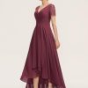 Formal & Evening | A-line V-Neck Asymmetrical Chiffon Lace Evening Dress With Pleated Mulberry – Womens