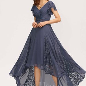 Formal & Evening | A-line V-Neck Asymmetrical Lace Chiffon Evening Dress With Pleated Stormy – Womens