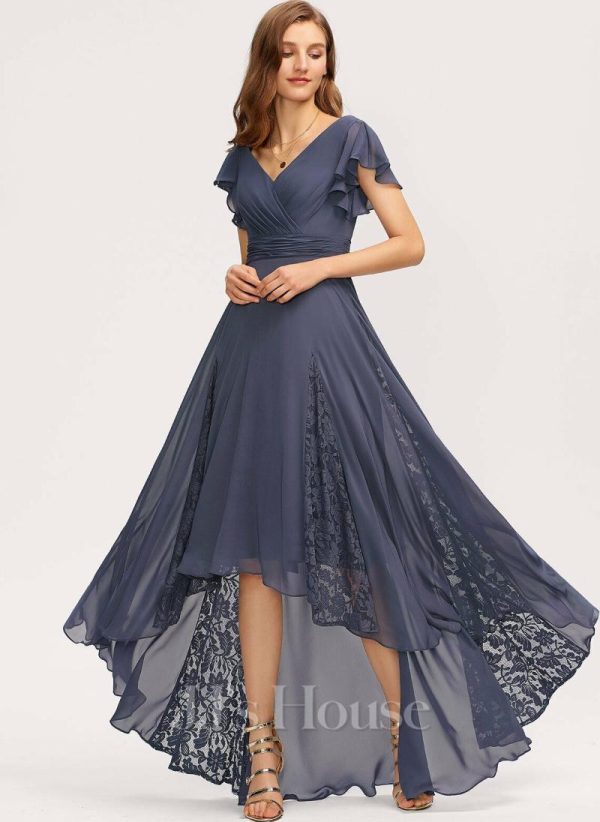 Formal & Evening | A-line V-Neck Asymmetrical Lace Chiffon Evening Dress With Pleated Stormy – Womens