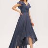 Formal & Evening | A-line V-Neck Asymmetrical Lace Chiffon Evening Dress With Pleated Stormy – Womens