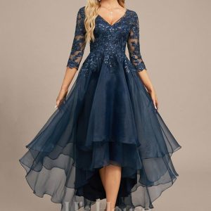 Formal & Evening | A-line V-Neck Asymmetrical Organza Lace Evening Dress With Sequins Dark Navy – Womens