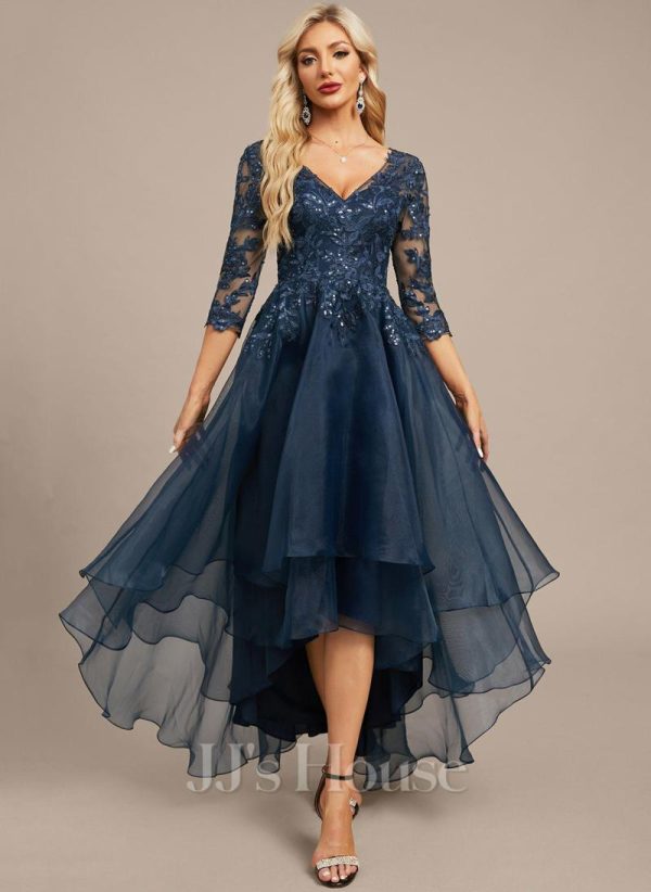 Formal & Evening | A-line V-Neck Asymmetrical Organza Lace Evening Dress With Sequins Dark Navy – Womens