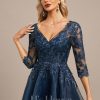 Formal & Evening | A-line V-Neck Asymmetrical Organza Lace Evening Dress With Sequins Dark Navy – Womens