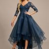 Formal & Evening | A-line V-Neck Asymmetrical Organza Lace Evening Dress With Sequins Dark Navy – Womens