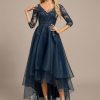 Formal & Evening | A-line V-Neck Asymmetrical Organza Lace Evening Dress With Sequins Dark Navy – Womens