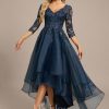 Formal & Evening | A-line V-Neck Asymmetrical Organza Lace Evening Dress With Sequins Dark Navy – Womens