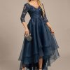 Formal & Evening | A-line V-Neck Asymmetrical Organza Lace Evening Dress With Sequins Dark Navy – Womens