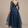 Formal & Evening | A-line V-Neck Asymmetrical Organza Lace Evening Dress With Sequins Dark Navy – Womens