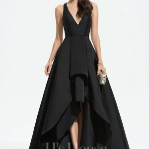 Formal & Evening | A-line V-Neck Asymmetrical Satin Evening Dress Black – Womens