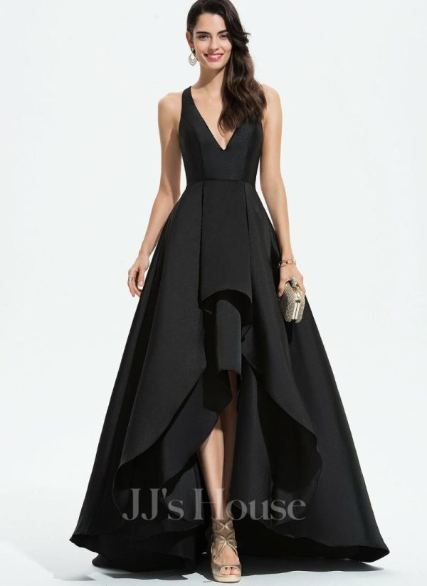 Formal & Evening | A-line V-Neck Asymmetrical Satin Evening Dress Black – Womens