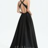 Formal & Evening | A-line V-Neck Asymmetrical Satin Evening Dress Black – Womens