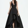 Formal & Evening | A-line V-Neck Asymmetrical Satin Evening Dress Black – Womens