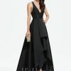 Formal & Evening | A-line V-Neck Asymmetrical Satin Evening Dress Black – Womens