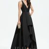 Formal & Evening | A-line V-Neck Asymmetrical Satin Evening Dress Black – Womens