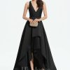 Formal & Evening | A-line V-Neck Asymmetrical Satin Evening Dress Black – Womens