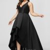 Formal & Evening | A-line V-Neck Asymmetrical Satin Evening Dress Black – Womens