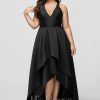 Formal & Evening | A-line V-Neck Asymmetrical Satin Evening Dress Black – Womens