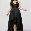 Formal & Evening | A-line V-Neck Asymmetrical Satin Evening Dress Black – Womens