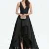 Formal & Evening | A-line V-Neck Asymmetrical Satin Evening Dress Black – Womens