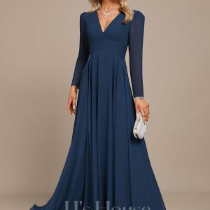 Formal & Evening | A-line V-Neck Floor-Length Chiffon Evening Dress Navy Blue – Womens