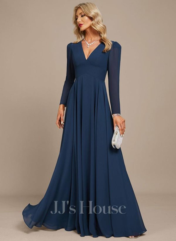 Formal & Evening | A-line V-Neck Floor-Length Chiffon Evening Dress Navy Blue – Womens