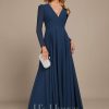 Formal & Evening | A-line V-Neck Floor-Length Chiffon Evening Dress Navy Blue – Womens