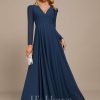 Formal & Evening | A-line V-Neck Floor-Length Chiffon Evening Dress Navy Blue – Womens