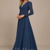 Formal & Evening | A-line V-Neck Floor-Length Chiffon Evening Dress Navy Blue – Womens