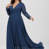 Formal & Evening | A-line V-Neck Floor-Length Chiffon Evening Dress Navy Blue – Womens