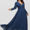 Formal & Evening | A-line V-Neck Floor-Length Chiffon Evening Dress Navy Blue – Womens