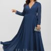 Formal & Evening | A-line V-Neck Floor-Length Chiffon Evening Dress Navy Blue – Womens