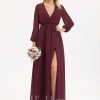 Formal & Evening | A-line V-Neck Floor-Length Chiffon Evening Dress With Bow Pleated Cabernet – Womens