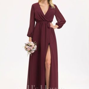 Formal & Evening | A-line V-Neck Floor-Length Chiffon Evening Dress With Bow Pleated Cabernet – Womens