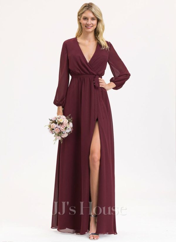 Formal & Evening | A-line V-Neck Floor-Length Chiffon Evening Dress With Bow Pleated Cabernet – Womens