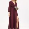 Formal & Evening | A-line V-Neck Floor-Length Chiffon Evening Dress With Bow Pleated Cabernet – Womens